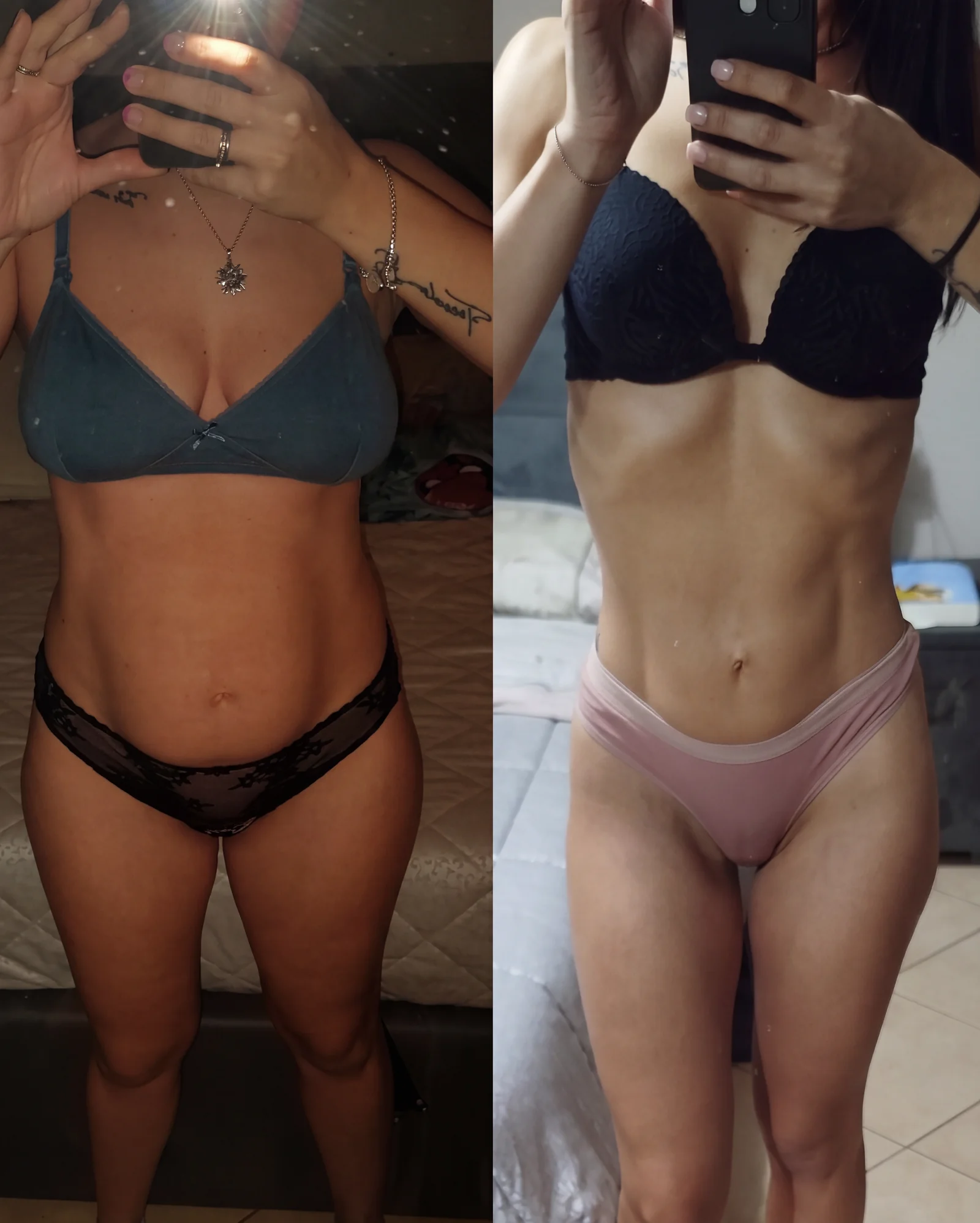 Miriam before and after one year of Lymphatic Drainage Pilates at home, after two pregnancies