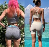 Before and after photos from behind of Carlotta's transformation, the founder of the Pilates Lymphatic Drainage method